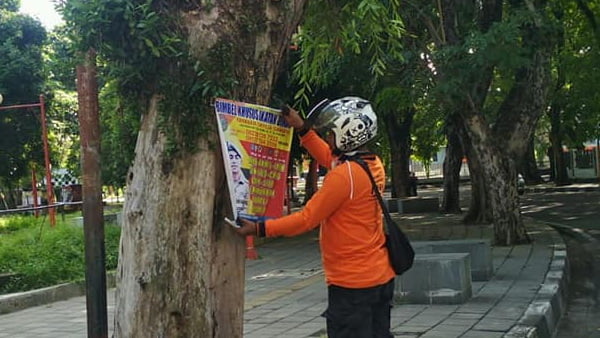 Petugas membersihkan pohon pelindung dari leflet dan paku yang dilakukan pihak tak bertanggung jawab