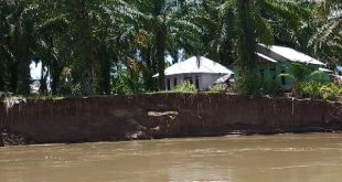 Rumah warga yang terancam ambruk oleh terjangan Batang Pasaman